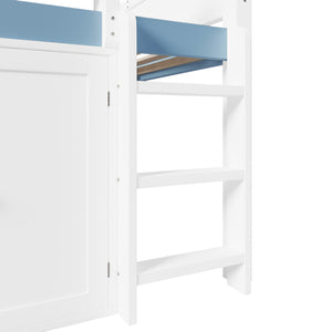 English Elm Full Size Pine Loft Bed with House Canopy Roof Built in Shelves and Storage Cabinet N7090005012C