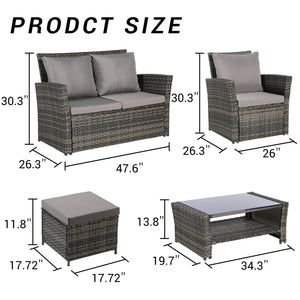 English Elm 6 Piece Outdoor Wicker Conversation Set with Tempered Glass Table and Ottomans W874P264688