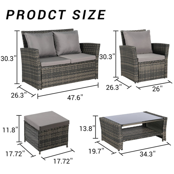 English Elm 6 Piece Outdoor Wicker Conversation Set with Tempered Glass Table and Ottomans W874P264688