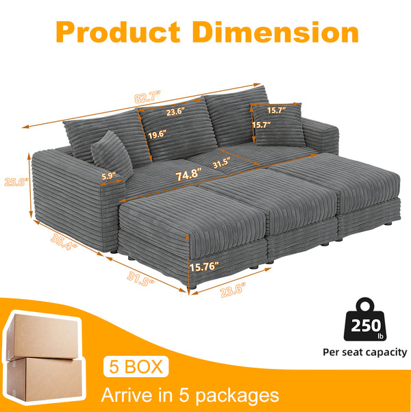 English Elm 82.7" Plush Corduroy 3-Seat Sofa - Modern Comfort With Modular Ottomans, Soft Pillows & Quick Assembly W1885S00157