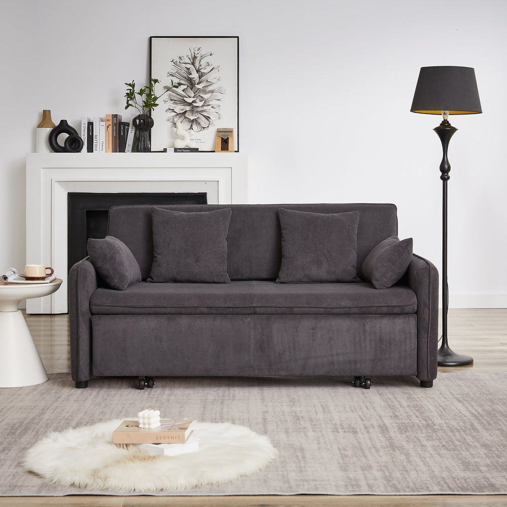 English Elm FX'' 66 Inch Sleeper Sofa Bed 3-in-1 Convertible Pullout Sofa with Plush Corduroy, 4 Pillows, Pockets DARK GREY W1926S00060