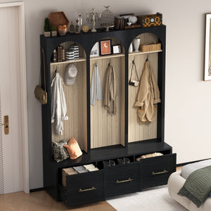English Elm Farmhouse Hall Tree with Arched Panels Bench Drawers and Hooks for Mudroom Entryway Black W5271S00005