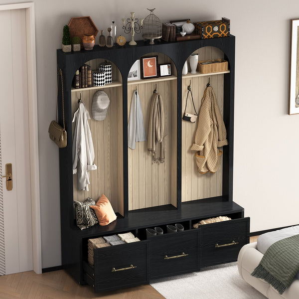 English Elm Farmhouse Hall Tree with Arched Panels Bench Drawers and Hooks for Mudroom Entryway Black W5271S00005
