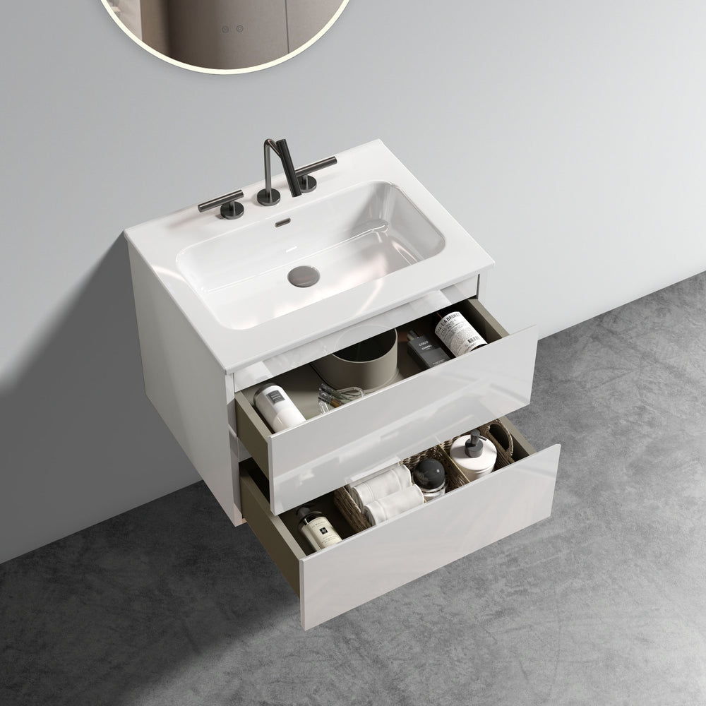 English Elm TIA 24" Wall Mount Glossy White Bathroom Vanity with One-Piece Ceramic Sink, 20% More Storage, Soft-Close Drawers W1865S00063