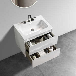 English Elm TIA 24" Wall Mount Glossy White Bathroom Vanity with One-Piece Ceramic Sink, 20% More Storage, Soft-Close Drawers W1865S00063
