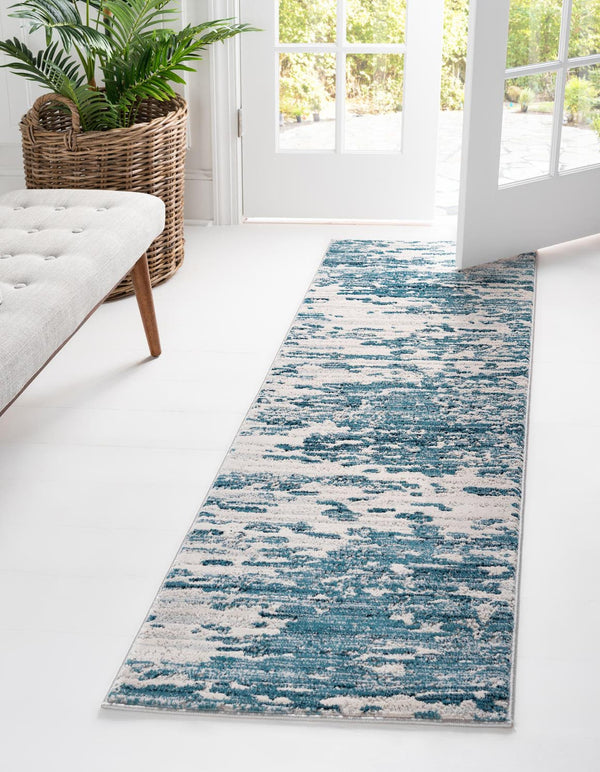 Unique Loom Oasis Water Machine Made Abstract Rug Blue, Navy Blue/Ivory 2' 0" x 12' 0"