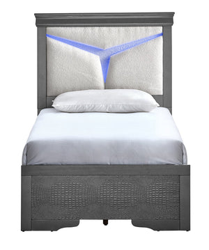 English Elm Lorana Plush Teddy Upholstered Twin Bed with Built-in Led Headboard for Kids Rooms Gray B078S00663