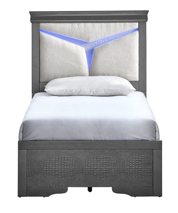 English Elm Lorana Plush Teddy Upholstered Twin Bed with Built-in Led Headboard for Kids Rooms Gray B078S00663