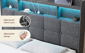 English Elm Full LED Linen Bed Frame with Headboard Storage, 2 Drawers, Fast Charging Ports & Nightlight Ambiance W1550P190364