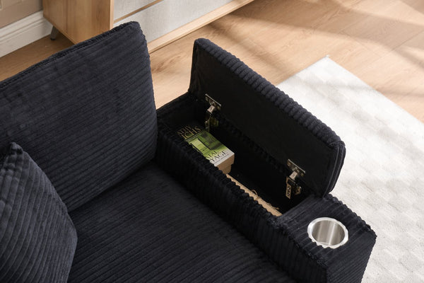 English Elm Corduroy Upholstered Chaise Lounge Sofa with Movable Ottoman, Cup Holder, Deep Seat Comfort Black W2120S00011