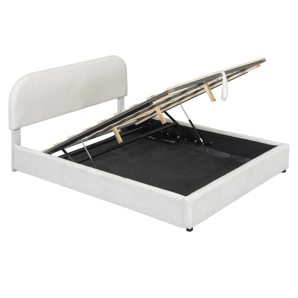 English Elm Teddy Plush Upholstered Platform Bed Queen with Hydraulic Storage, Teddy Fleece Comfort & Sturdy Frame White SF000166AAK