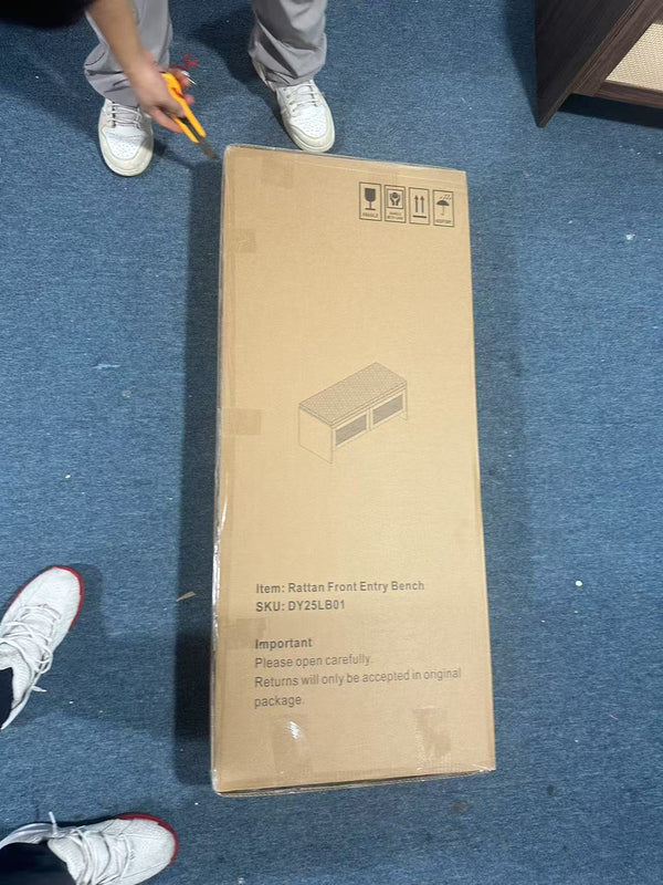 English Elm PP Rattan bench with cushion and hidden shoe storage, linen seat, dust‑protected interior, natural finish W808P316354