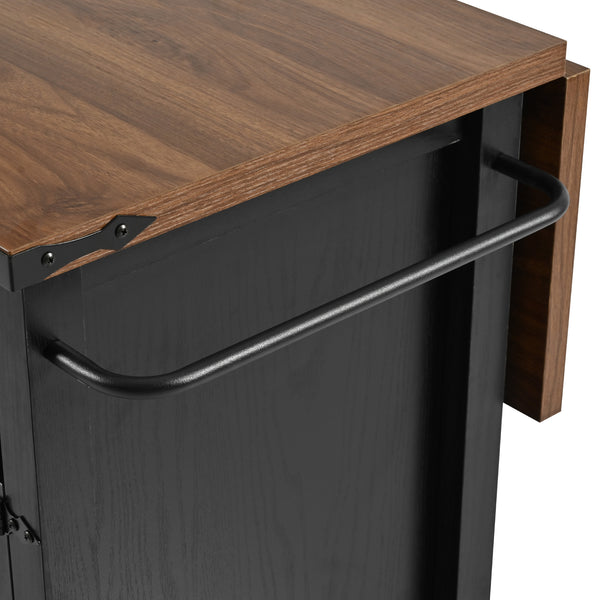 English Elm K&k Farmhouse Rolling Kitchen Island with Drop Leaf Power Outlets and Storage Cabinet Black N707S170348B