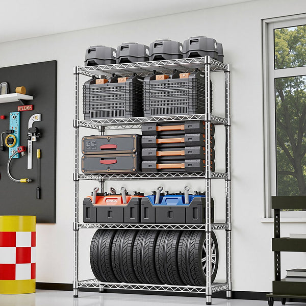 English Elm 1750 Lbs Carbon Steel Five Tier Wire Shelving Unit Heavy Duty Garage Storage Rack Chrome W5386P480701