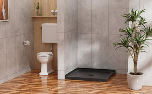 English Elm Goodyo Acrylic Corner Shower Base with Slate Texture Anti-slip Surface Center Drain D163121900