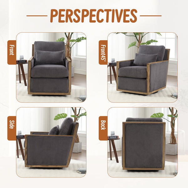 English Elm Corduroy Swivel Barrel Chair with Plush Foam Cushion, 360° Metal Base, Durable Hardwood Frame, Cozy Sitting Experience Dark Gray W395P209395