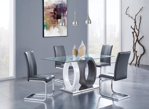 English Elm ROYCE Modern Dining Table with Clear Glass Top, Grey Wash Solid Wood & MDF, Metal Base Plate Finish B201S00023