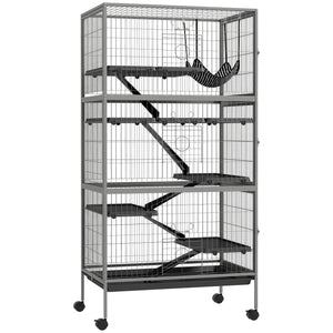 English Elm PawHut 63" 6-Tier Small Animal Habitat with Hammock, Heavy-Duty Steel Cage, Wheels & Removable Tray Gray W2225P217534