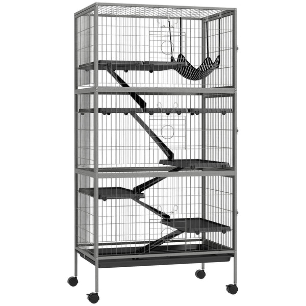 English Elm PawHut 63" 6-Tier Small Animal Habitat with Hammock, Heavy-Duty Steel Cage, Wheels & Removable Tray Gray W2225P217534