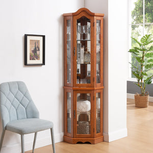 English Elm Lighted Corner Curio Cabinet With Adjustable Shelves & Tempered Glass - Elegant Oak Display Piece W1758P300132