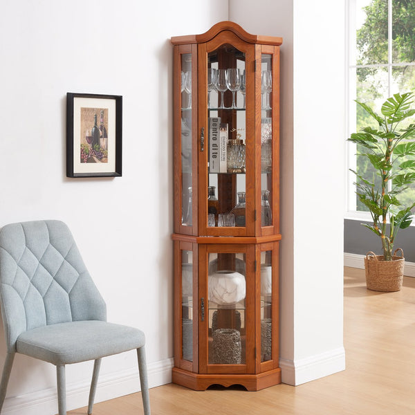 English Elm Lighted Corner Curio Cabinet With Adjustable Shelves & Tempered Glass - Elegant Oak Display Piece W1758P300132