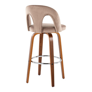 English Elm Fixed-height Swivel Barstools Walnut Legs Taupe Velvet Seat Chrome Footrest Set B202S01889