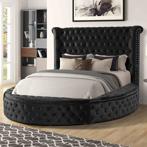 English Elm 1pc Glam Wingback Storage Bed Velvet Tufted Headboard with Usb Eastern King Black B2741S00820