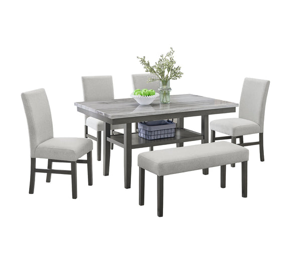 English Elm Selena Six Seat Faux Marble Rectangular Dining Set with Upholstered Chairs and Bench B061S00940