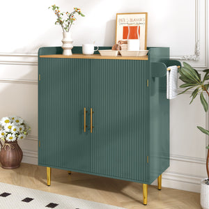 English Elm Modern Fluted Bar Cabinet with Wine Rack Glass Holders Adjustable Shelving and Hidden Drawer Green N728P438606G
