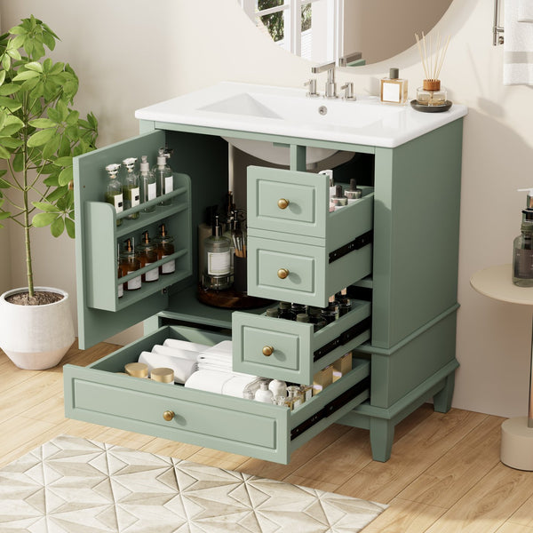English Elm Christopher Knight Home® - 30" Freestanding Bathroom Vanity with Ceramic Sink, Soft-Close Door, Gold Knobs & 3 Drawers, Durable Painted Finish Light Green N759P225994G