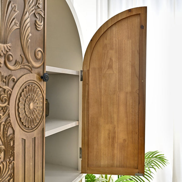 English Elm 31.50" Floral Carved Wood Accent Cabinet with Arched Doors Drawer and Shelf W3933P379106