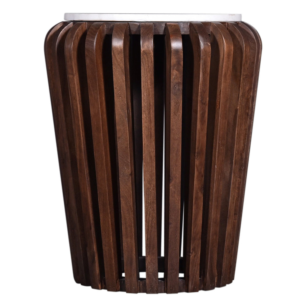 English Elm Modern Solid Wood Round End Table with White Marble Top, Acacia Slatted Base, Durable Elegant Decor B2741P286096