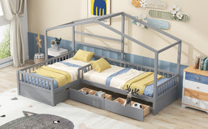 English Elm Twin House Platform Bed with Three Storage Drawers for Kids, Solid Pine & MDF, Sleek Roof Design Gray GX001026AAE