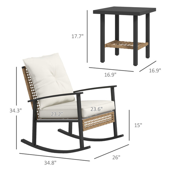 English Elm Patio Pe Rattan Rocking Chair Set with Tufted Cushions and Matching Coffee Table Beige+White,Natural T3971P419108
