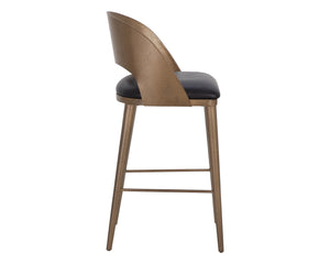 Sunpan Dezirae Barstool - Stylish Curved Back Design with Genuine Leather Seat and Unique Craftsmanship Antique Brass / Charcoal Black Leather