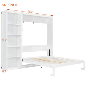 English Elm Queen Murphy Wall Bed with Side Shelving Folds Flush Into Mdf Cabinet for Studio Rooms White LP000697AAK-2