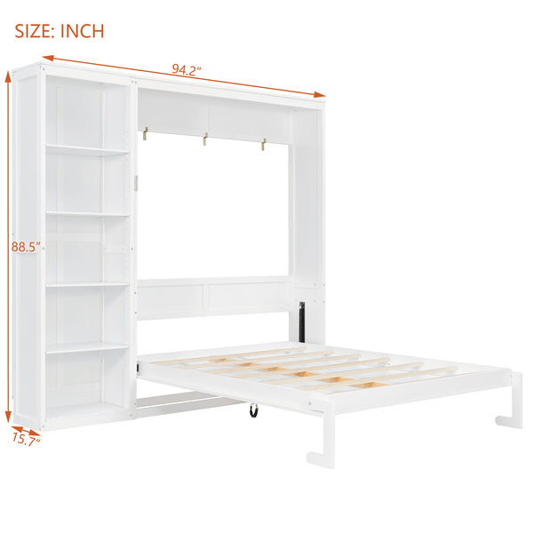 English Elm Queen Murphy Wall Bed with Side Shelving Folds Flush Into Mdf Cabinet for Studio Rooms White LP000697AAK-2