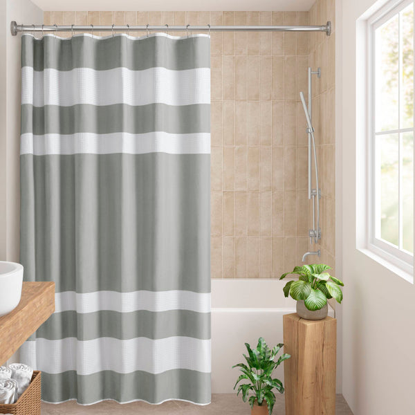 JLA Home Madison Park - Shower Waffle Curtain with 3M Scotchgard Water-Repellent Finish, Textured Stripe for Spa Ambiance Grey MP70-4981