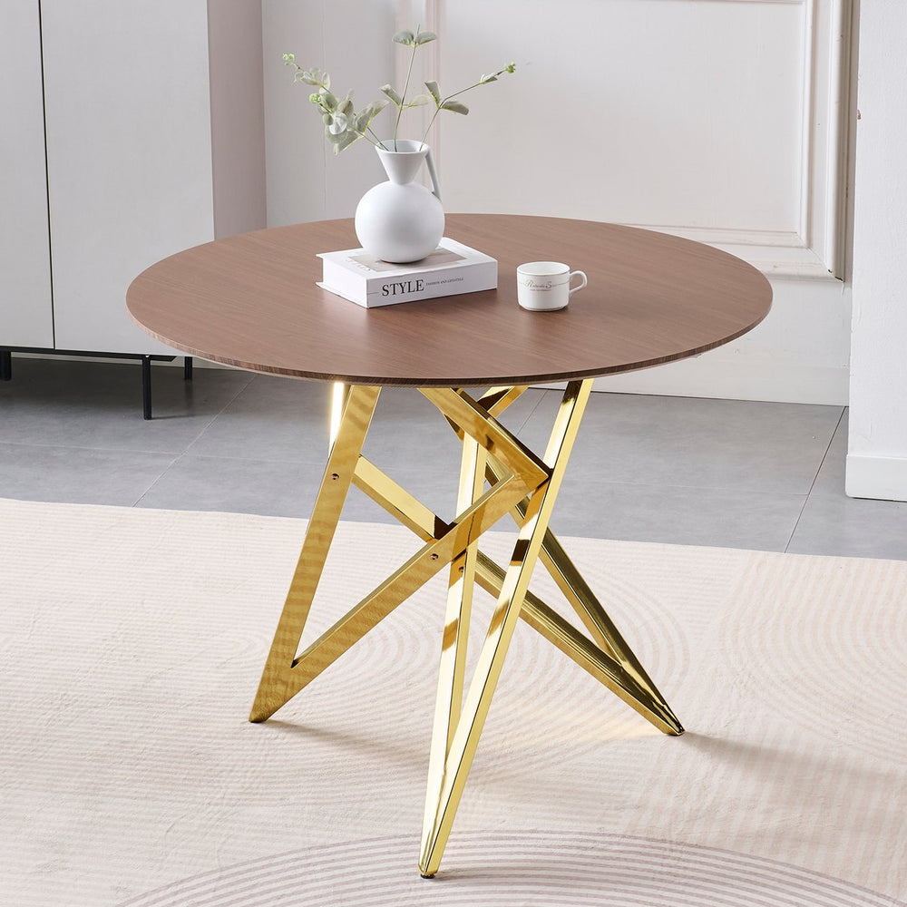 English Elm 37inch Round Walnut Dining Table Polished Golden Steel Legs Seats Four Modern Kitchen W3357P395498