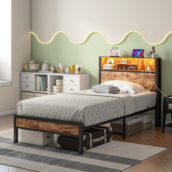 English Elm Twin Metal Platform Bed with RGB Headboard Lights, Charging Station, Bookcase & Under-Bed Storage W840P294072
