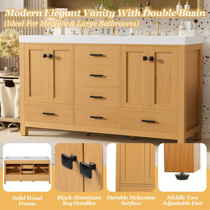 English Elm [video]59.3 Inch Wall Mounted Double Sink Vanity Wood Grain Mdf Soft Close Storage N729P000013O