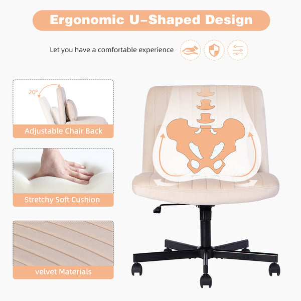 English Elm Beige Velvet Criss Cross Office Chair Model 875 - Plush Ergonomic Swivel Seat with Wheels & Pillow W3394P329163