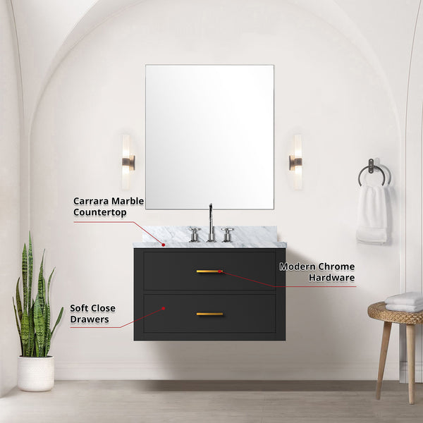 English Elm Black Single-Sink Vanity Set With Carrara Marble Countertop, Mirror & Faucet – Elegant Bathroom Upgrade B2731S01978