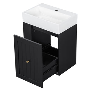 English Elm 20-Inch Compact Bathroom Vanity with Ceramic Sink, Wall-Mounted MDF Cabinet, Modern Space-Saver Design Black N725P314023B