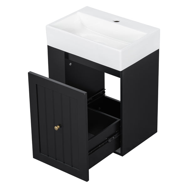 English Elm 20-Inch Compact Bathroom Vanity with Ceramic Sink, Wall-Mounted MDF Cabinet, Modern Space-Saver Design Black N725P314023B