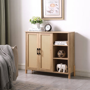 English Elm Mid-Century Woven Rattan Door Storage Cabinet with Adjustable Shelves and Solid Wood Legs, Stylish and Functional Natural 39.4 L x 15 W x 6.7 H W3151P288913