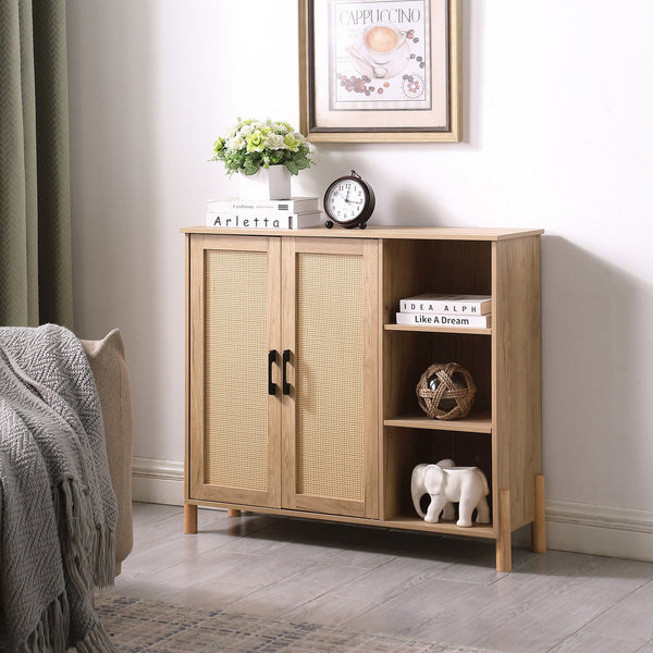 English Elm Mid-Century Woven Rattan Door Storage Cabinet with Adjustable Shelves and Solid Wood Legs, Stylish and Functional Natural 39.4 L x 15 W x 6.7 H W3151P288913