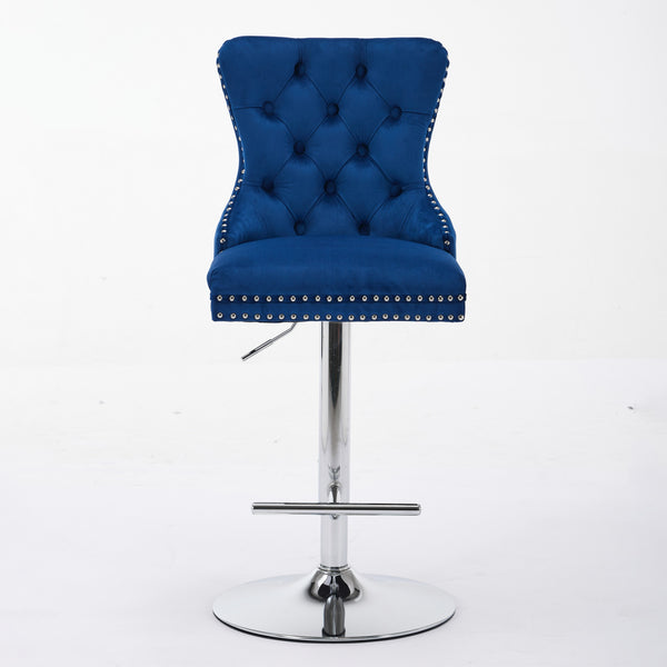 English Elm Thick Velvet Swivel Barstools with 17.7" Chrome Base, Tufted Diamond Pleating, Comfort Foam Seats Blue W1143P335044
