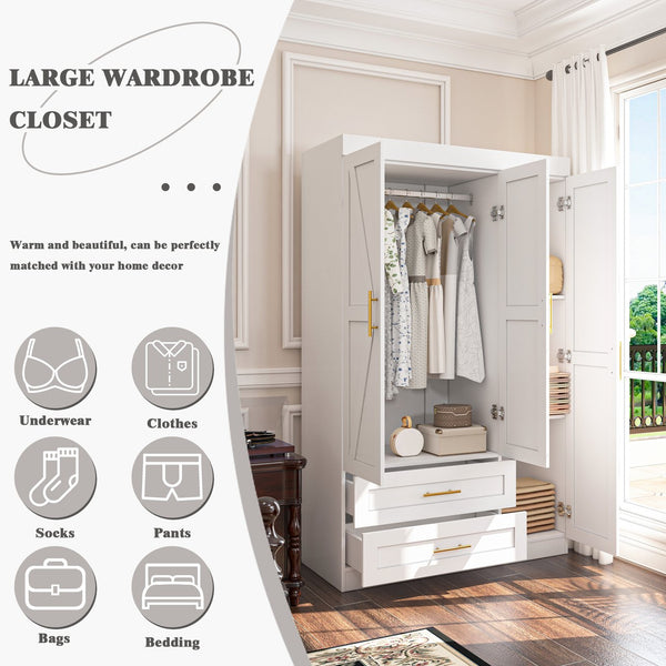 English Elm Shaker Three Door Wardrobe Armoire with Hanging Rod and Shelves for Bedroom White T3210S00005
