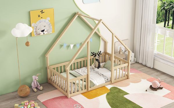 English Elm Twin Wood House-Shaped Floor Bed with Fence and Guardrails – Playful Pine Frame for Imaginative Kids Retreat Natural W504P143291